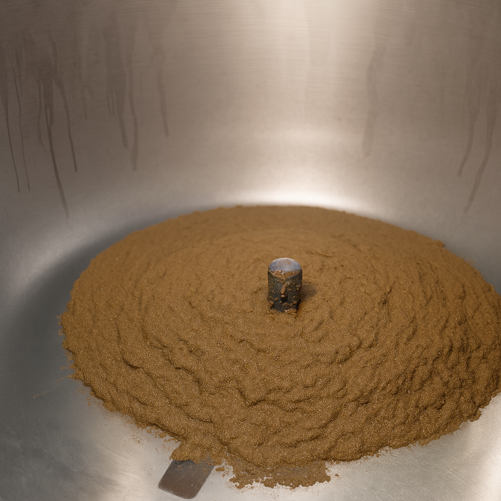 A metal container with brown sugar or a similar granular ingredient in the bottom, with a central metal rod or handle protruding from the middle.