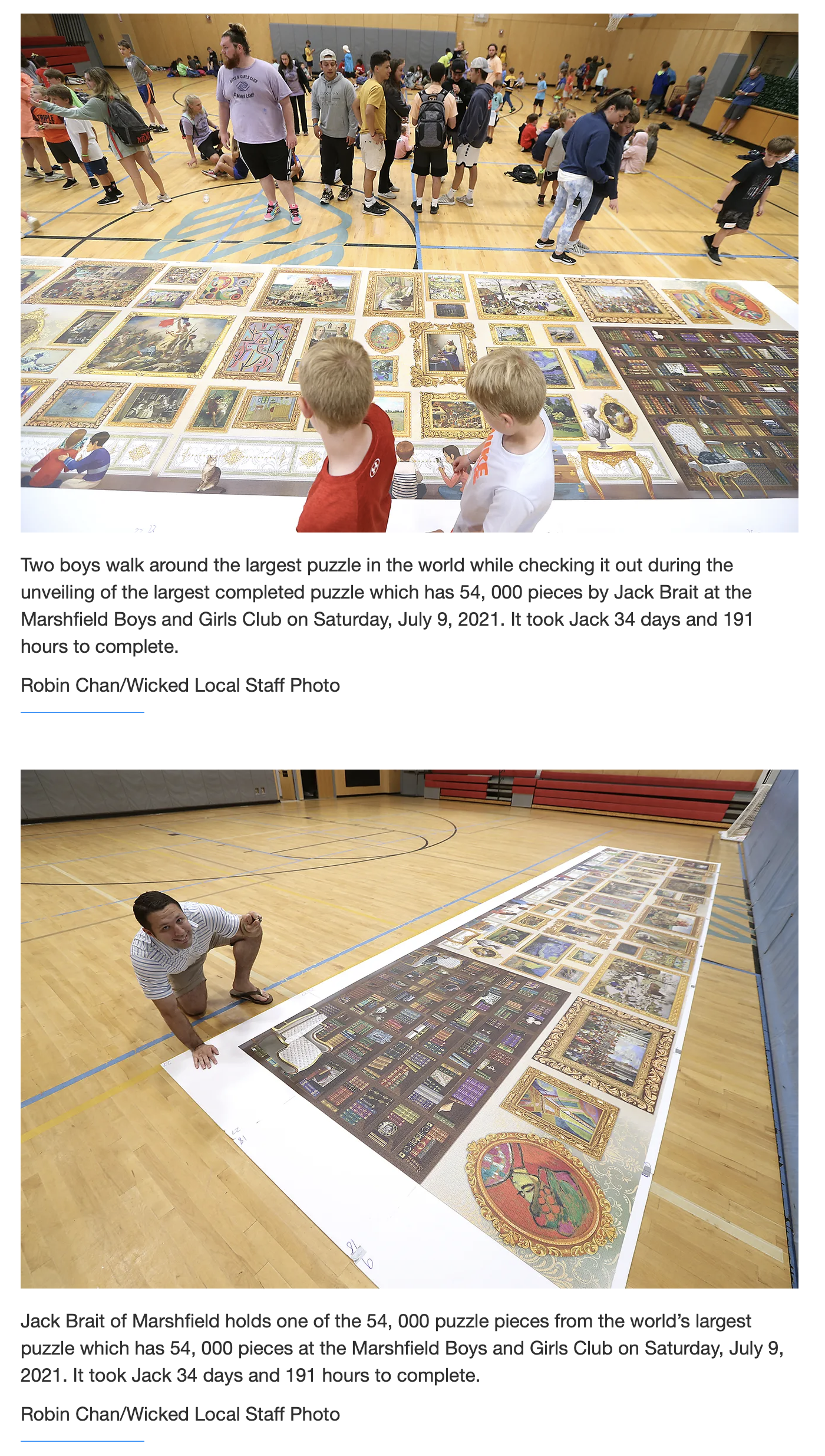 Coastal Mariner article of the 54,000 piece puzzle, the world's largest puzzle at the Boys and Girls Club of Marshfield, MA G