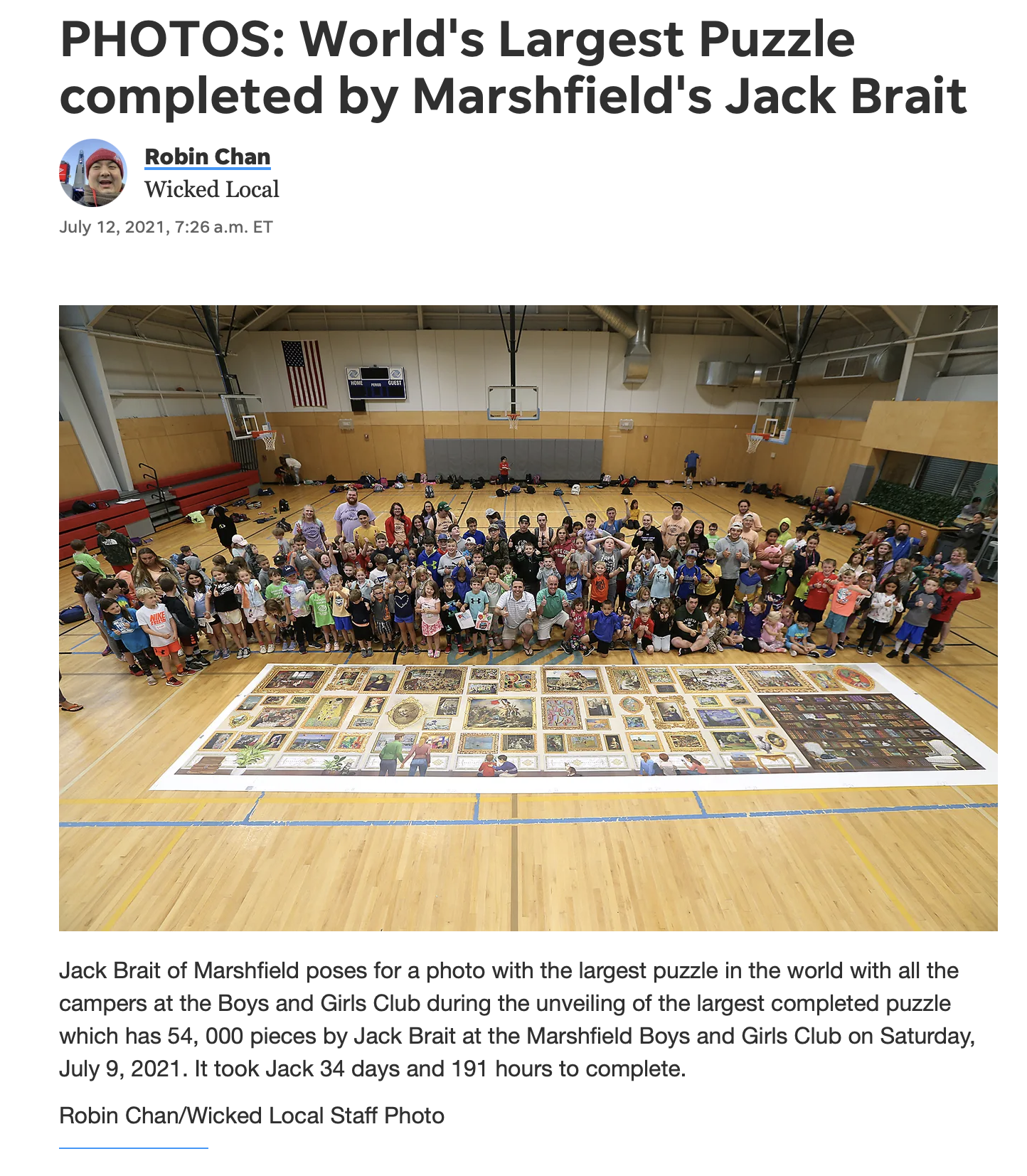 Coastal Mariner article of the 54,000 piece puzzle, the world's largest puzzle at the Boys and Girls Club of Marshfield, MA A