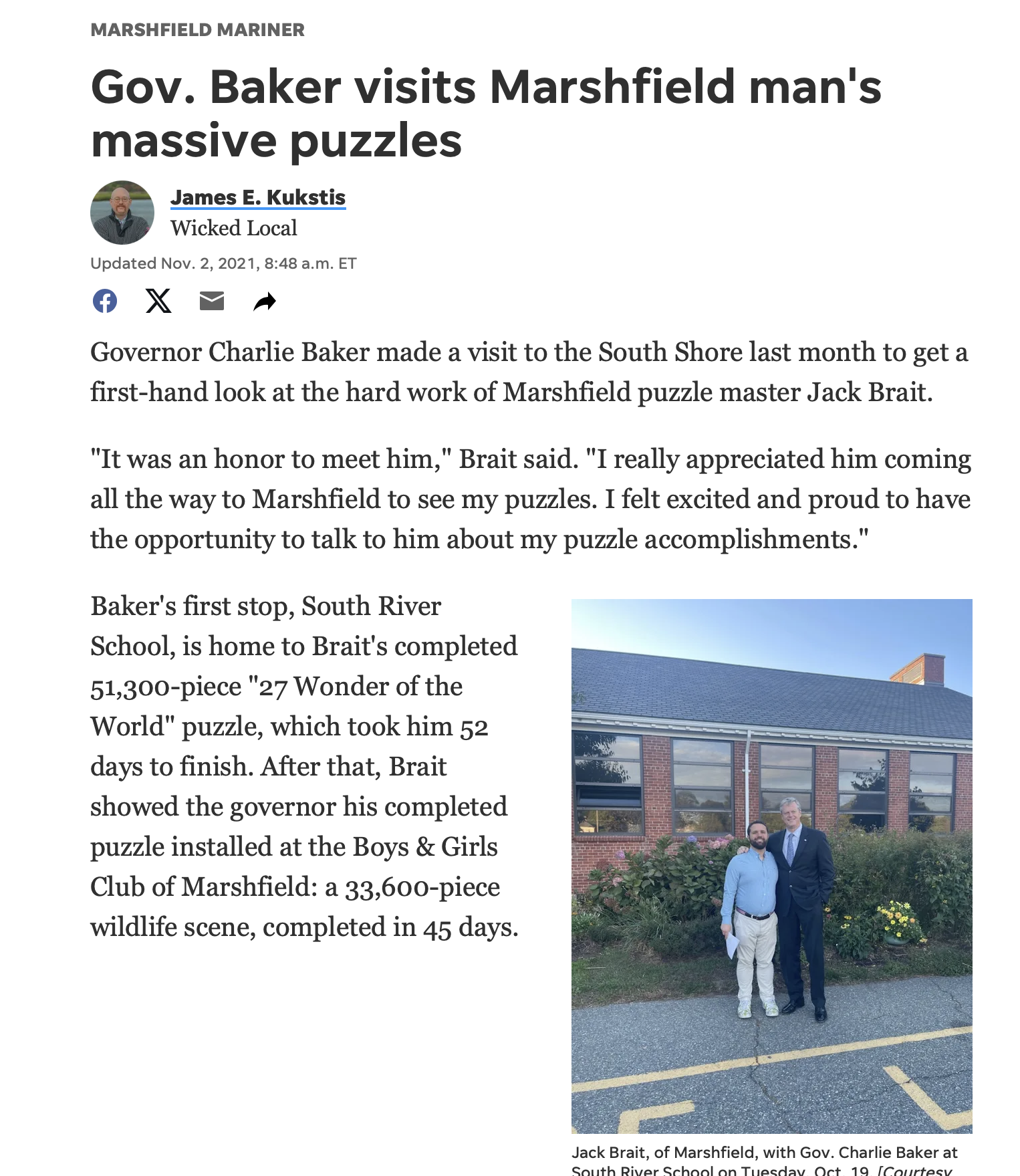 Jack Brait, aka Jack Of Puzzles, with former MA governor Charlie Baker at South River School in Marshfield, MA for the 51,300 piece puzzle on Coastal Mariner article A