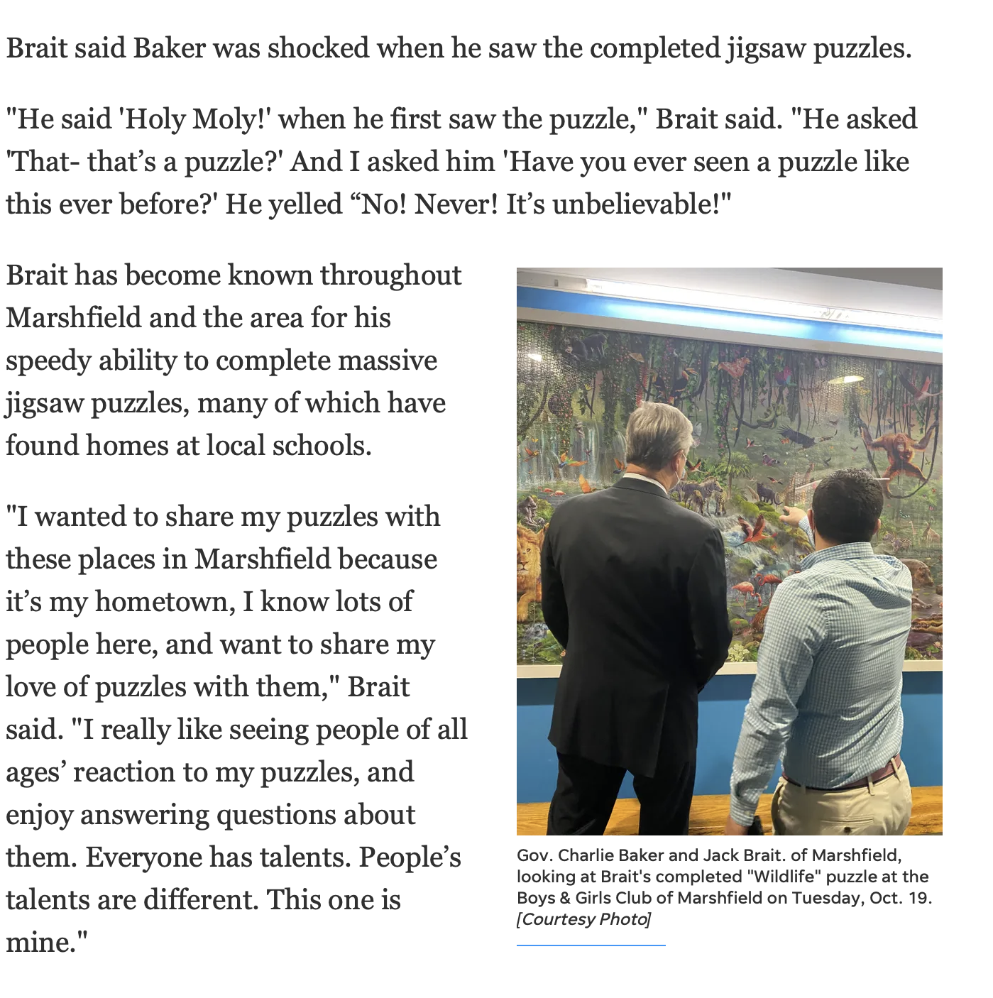 Jack Brait, aka Jack Of Puzzles, with former MA governor Charlie Baker at South River School in Marshfield, MA for the 51,300 piece puzzle on Coastal Mariner article B