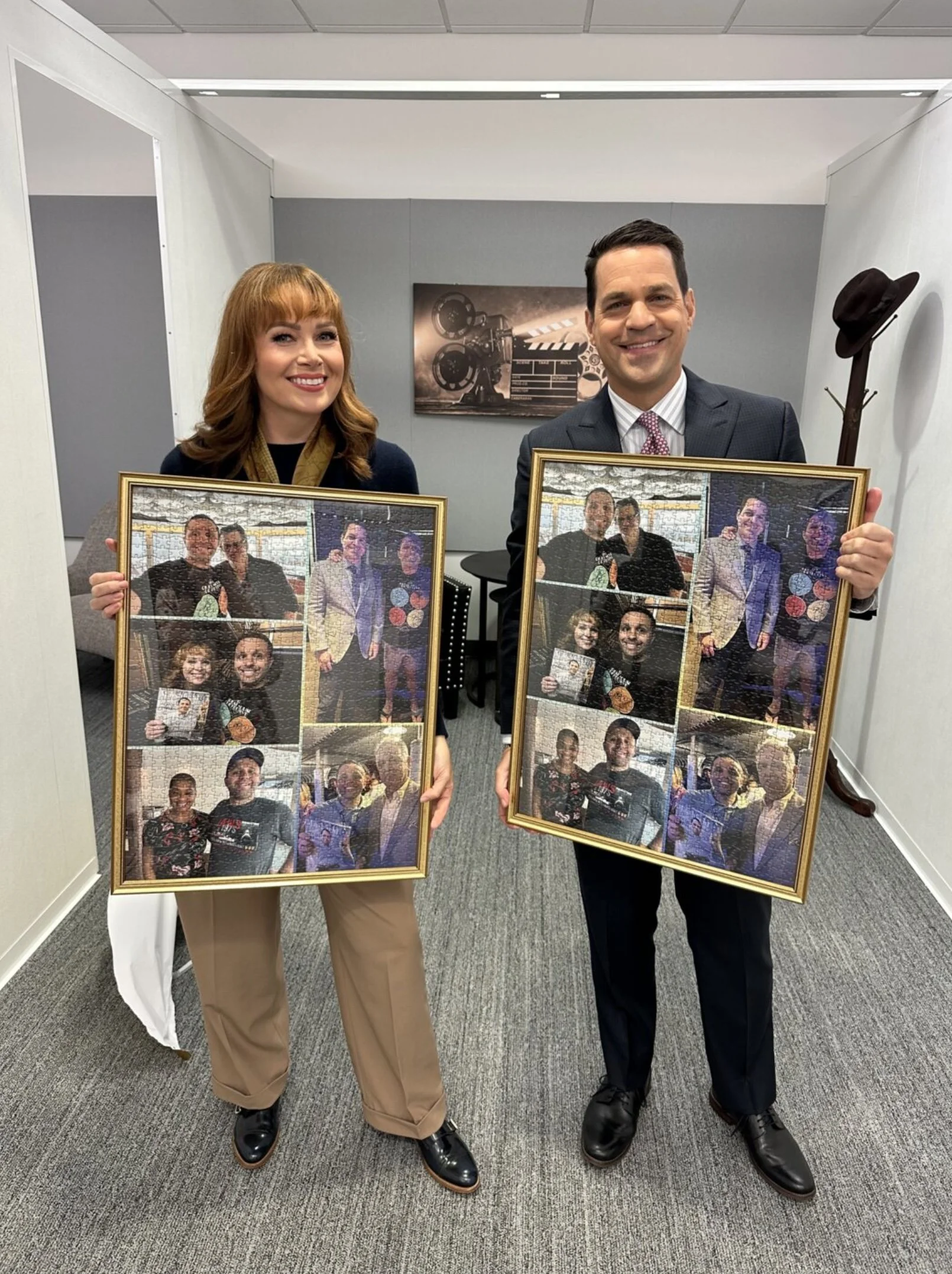 TCM hosts Alicia Malone and Dave Karger receiving their 1,000 piece puzzles created and bought by Jack Brait, aka Jack Of Puzzles, depicting him and the TCM hosts