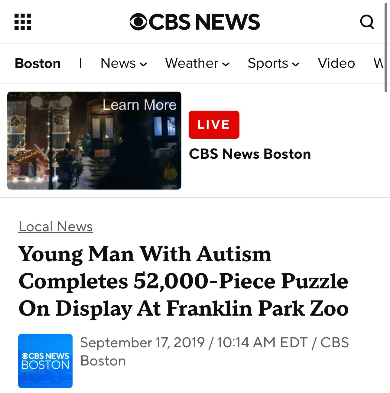 CBS news article about Jack Brait, aka Jack Of Puzzles, and the 52,110 piece puzzle by MartinPuzzle at the Franklin Park Zoo in Boston, MA. A