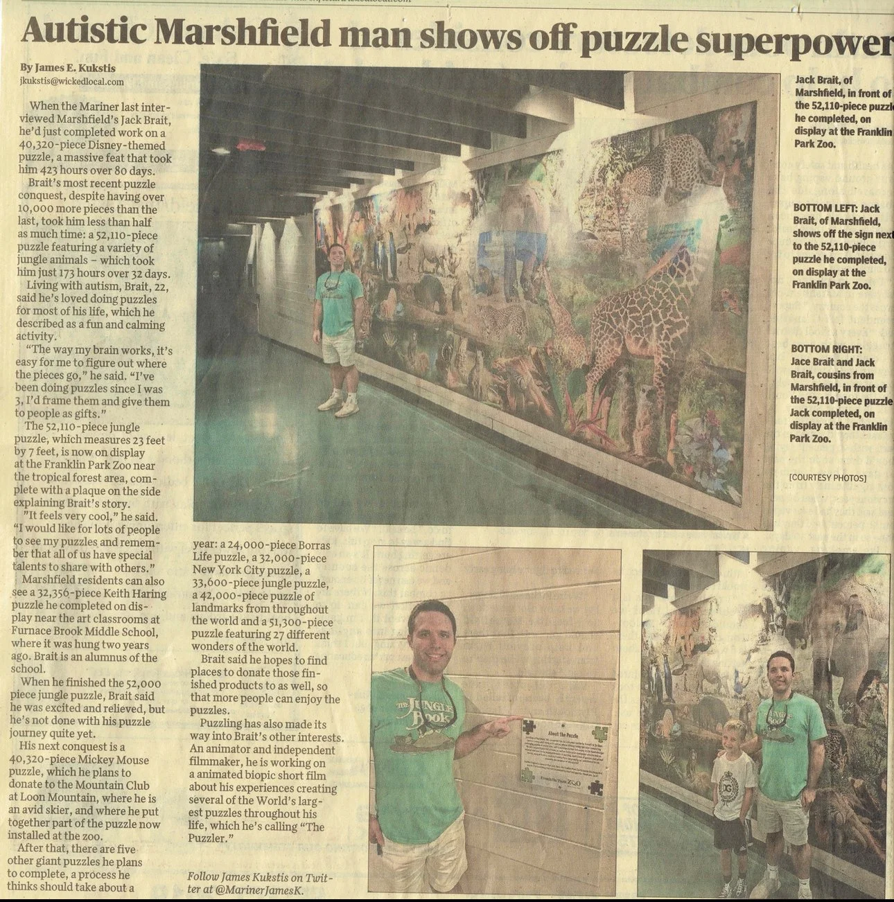 Jack Brait, aka Jack Of Puzzles, in the front of his Patriot Ledger article about the 52,110 piece puzzle B