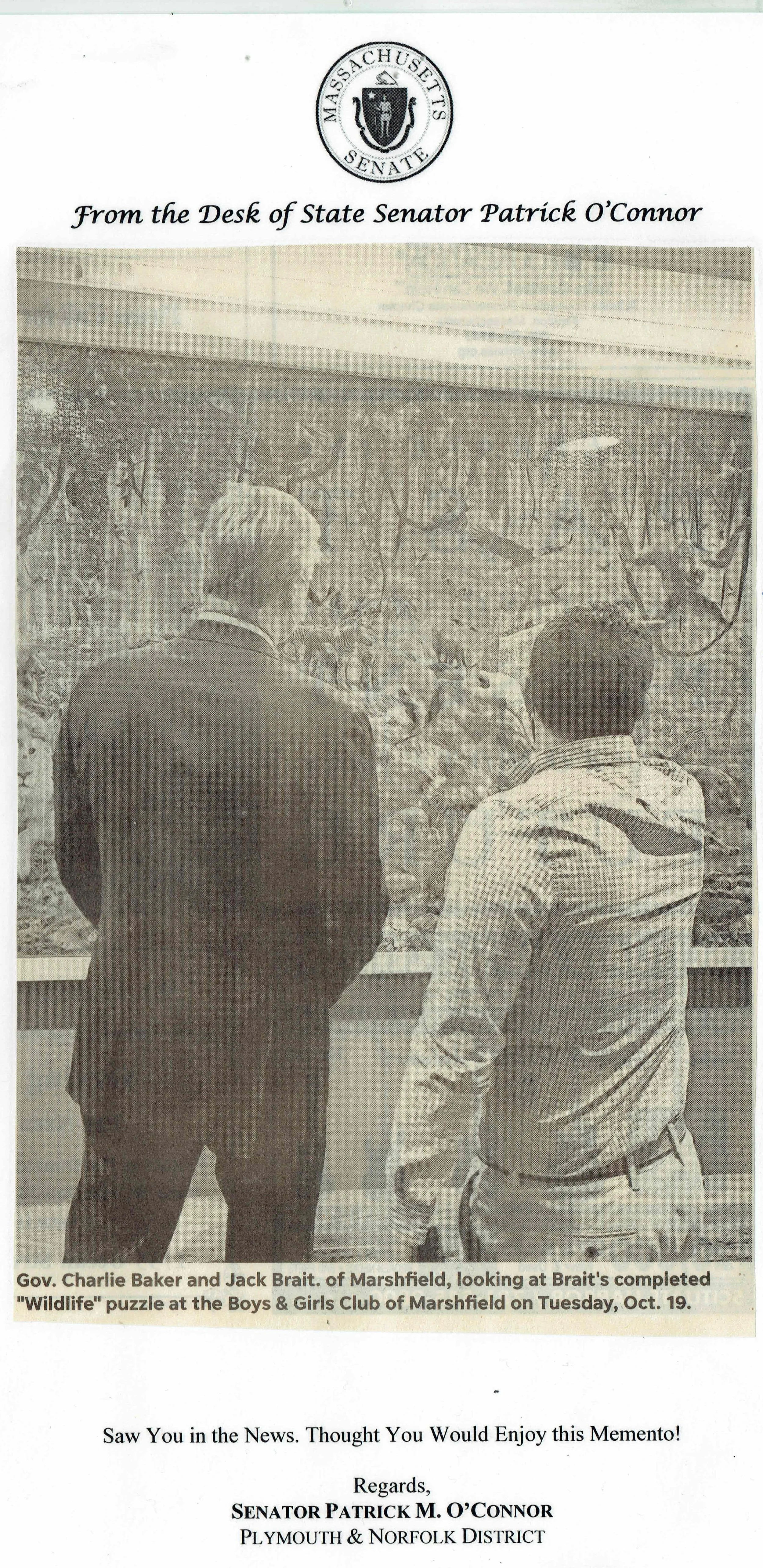 A picture of Jack Brait, aka Jack Of Puzzles, with former Massachusetts Governor Charlie Baker in a note received from Massachusetts Senator Patrick O'Connor