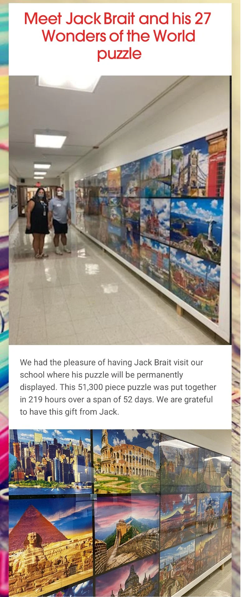 Jack Brait, aka Jack Of Puzzles, and his 51,300 piece puzzle by Kodak Puzzles at South River School in Marshfield, MA