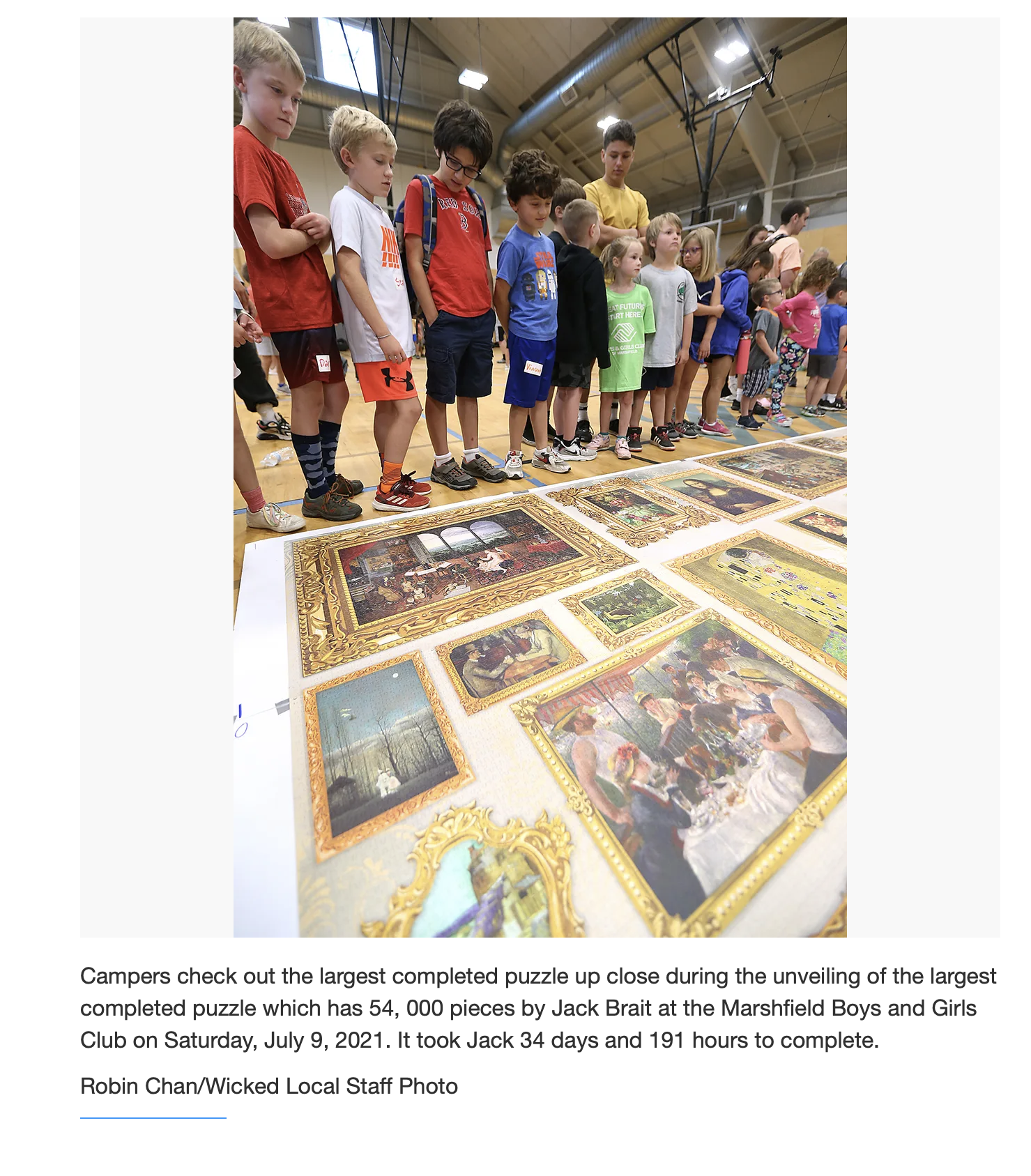 Coastal Mariner article of the 54,000 piece puzzle, the world's largest puzzle at the Boys and Girls Club of Marshfield, MA E