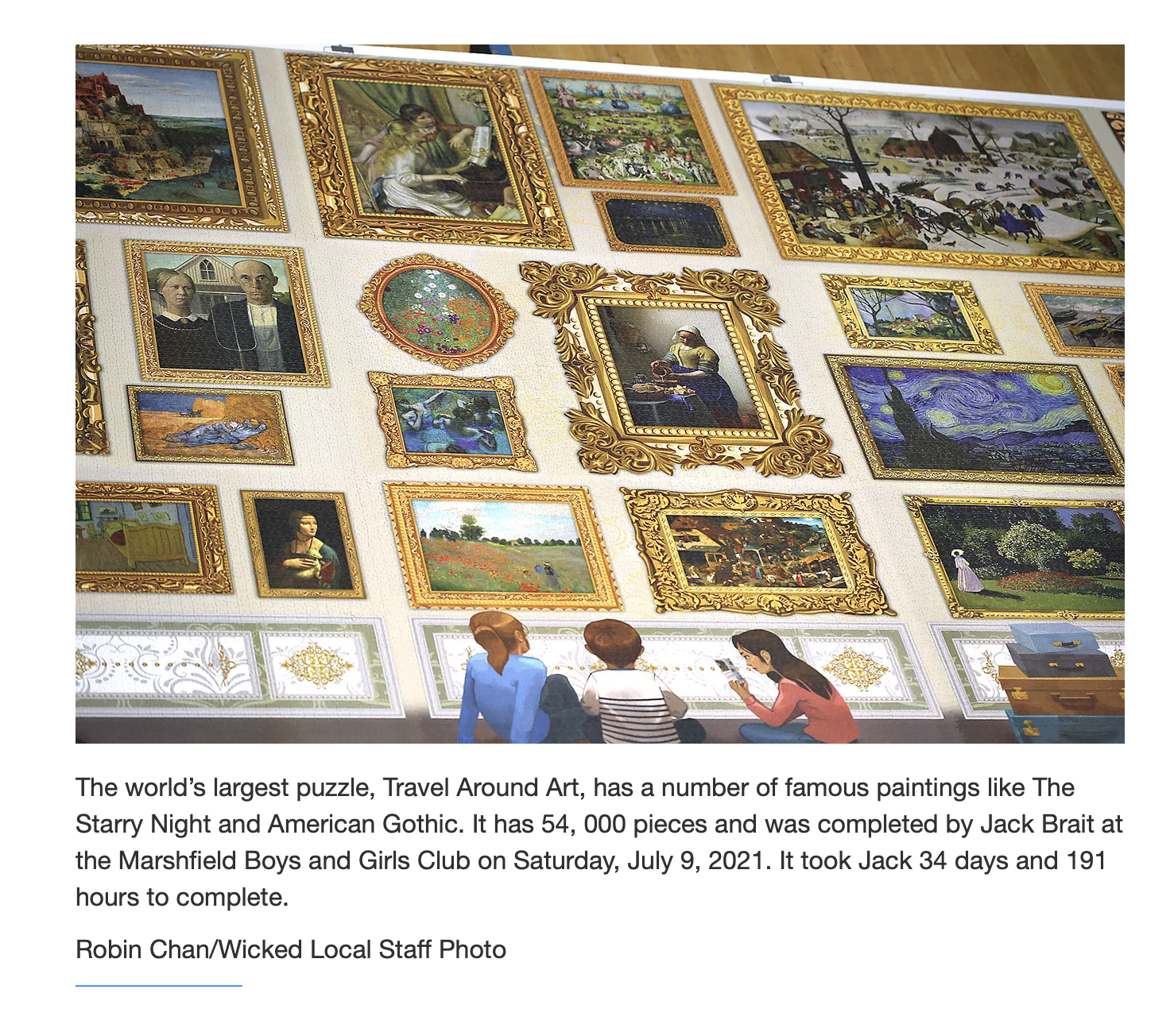 Coastal Mariner article of the 54,000 piece puzzle, the world's largest puzzle at the Boys and Girls Club of Marshfield, MA H