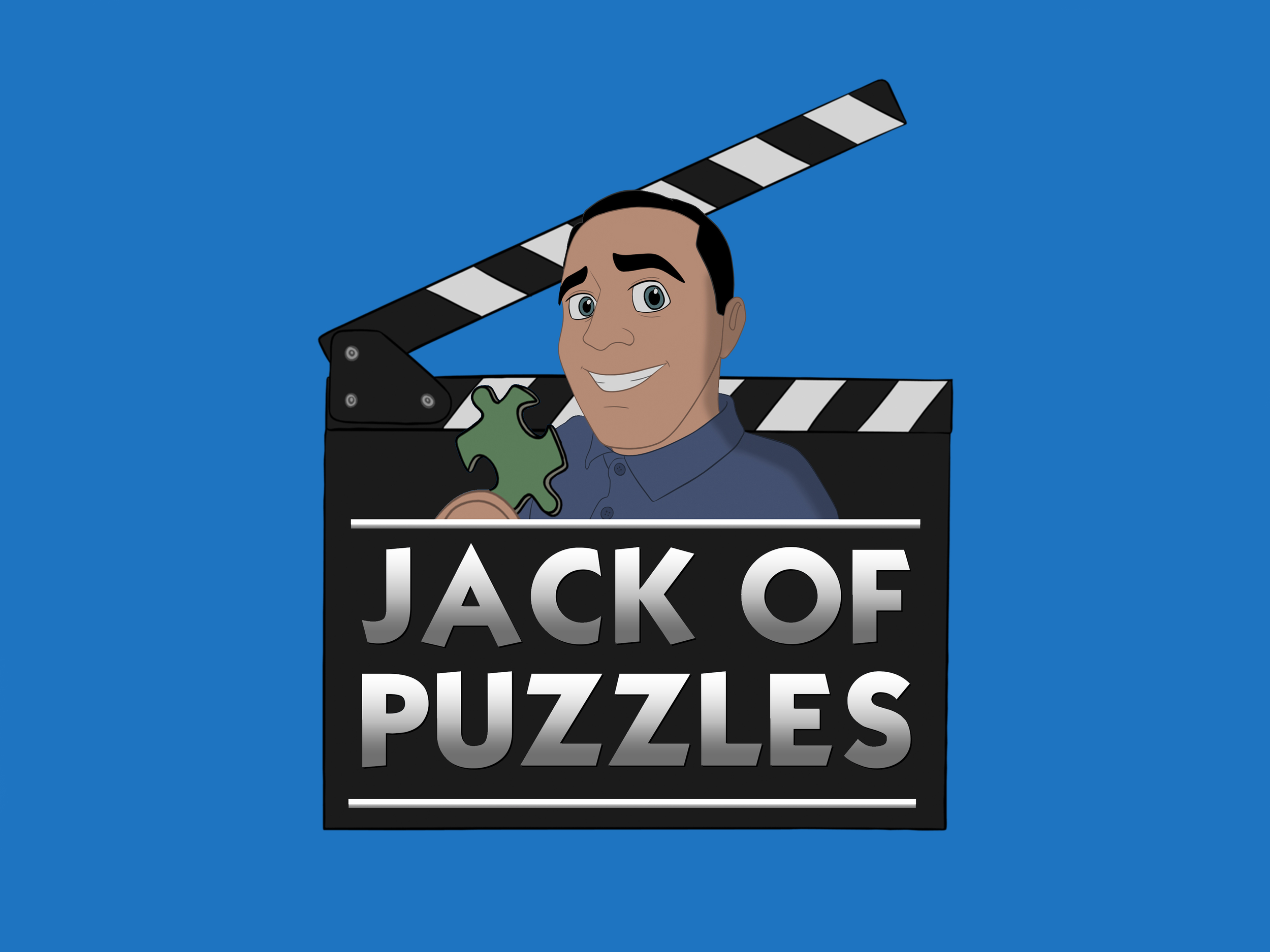 a 2D animated logo of Jack Brait, aka Jack Of Puzzles, holding a green puzzle piece in a movie clapper