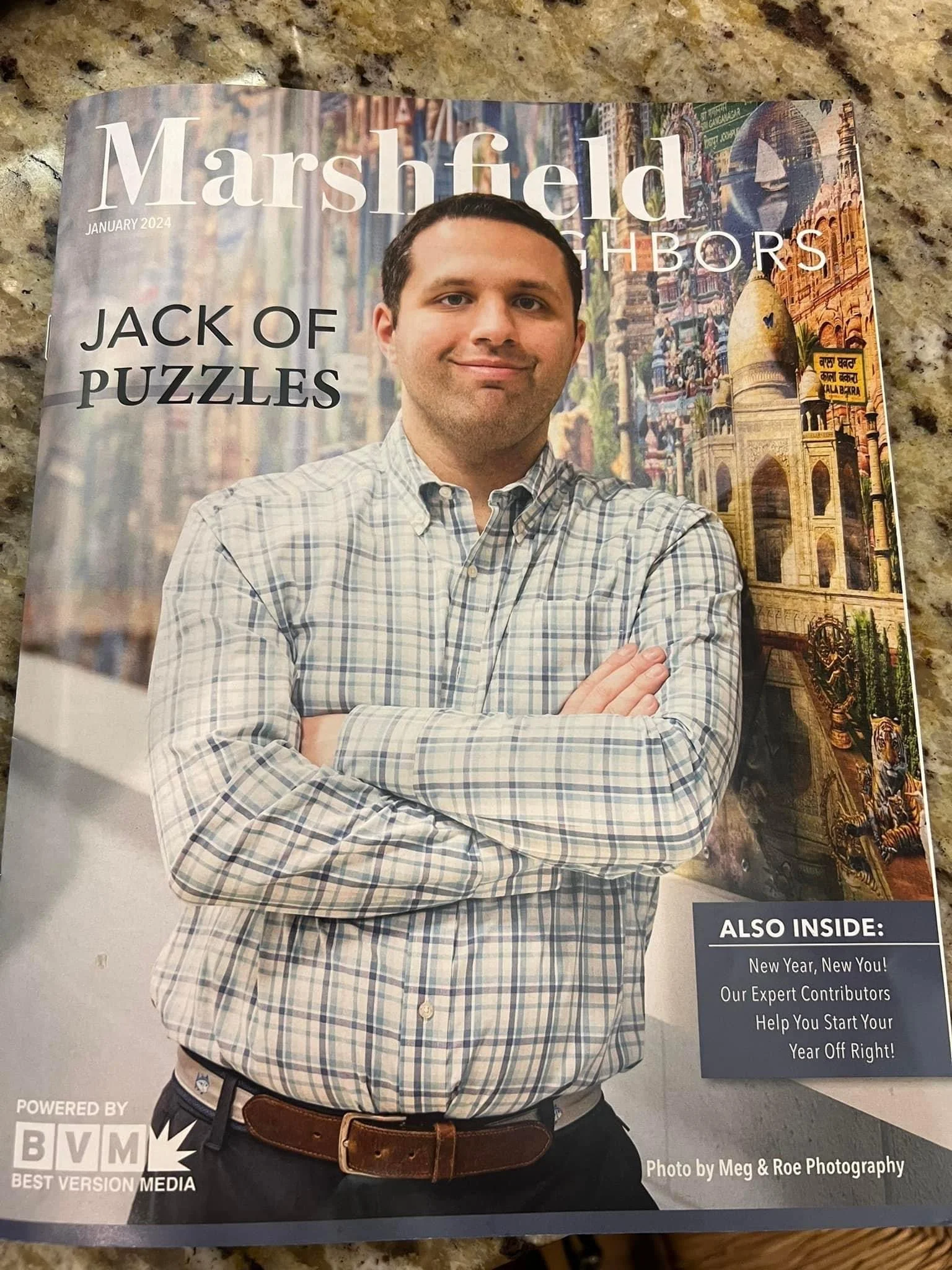 Jack Brait, aka Jack Of Puzzles, on the cover of a Marshfield Neighbors magazine