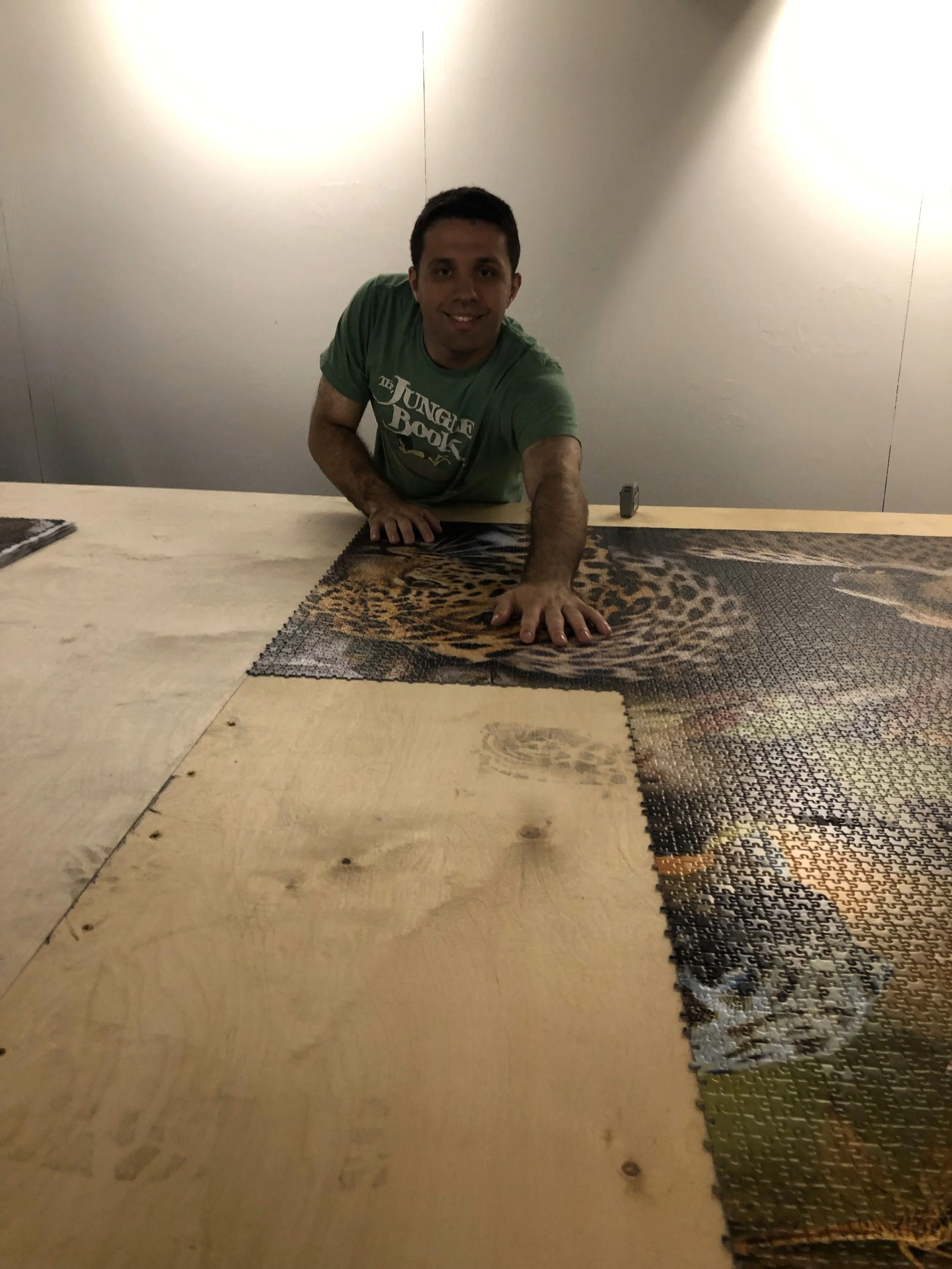 Jack Brait, aka Jack Of Puzzles, connecting the whole 52,110 piece animal puzzle by MartnPuzzle at the Franklin Park Zoo in Boston, MA