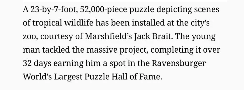 Boston Herald article about the 52,110 piece puzzle by MartinPuzzle at the Franklin Park Zoo in Boston, MA B