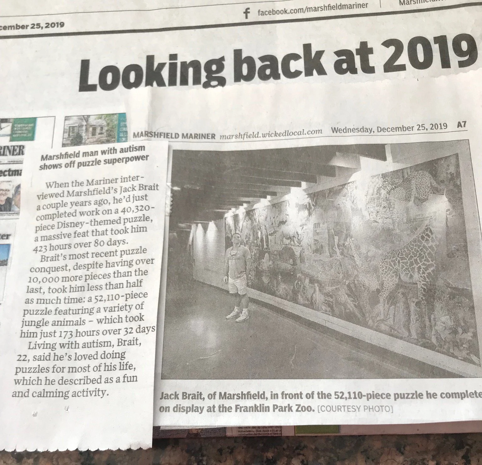 Jack Brait, aka Jack Of Puzzles, in a newspaper article about the 52,110 piece puzzle in Franklin Park Zoo in Boston, MA
