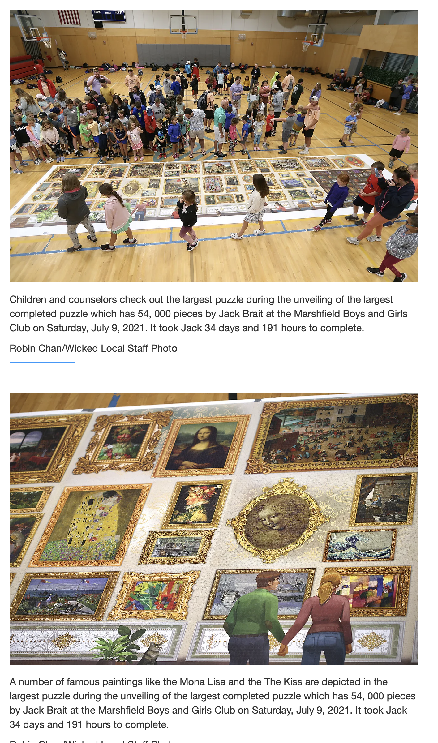 Coastal Mariner article of the 54,000 piece puzzle, the world's largest puzzle at the Boys and Girls Club of Marshfield, MA D