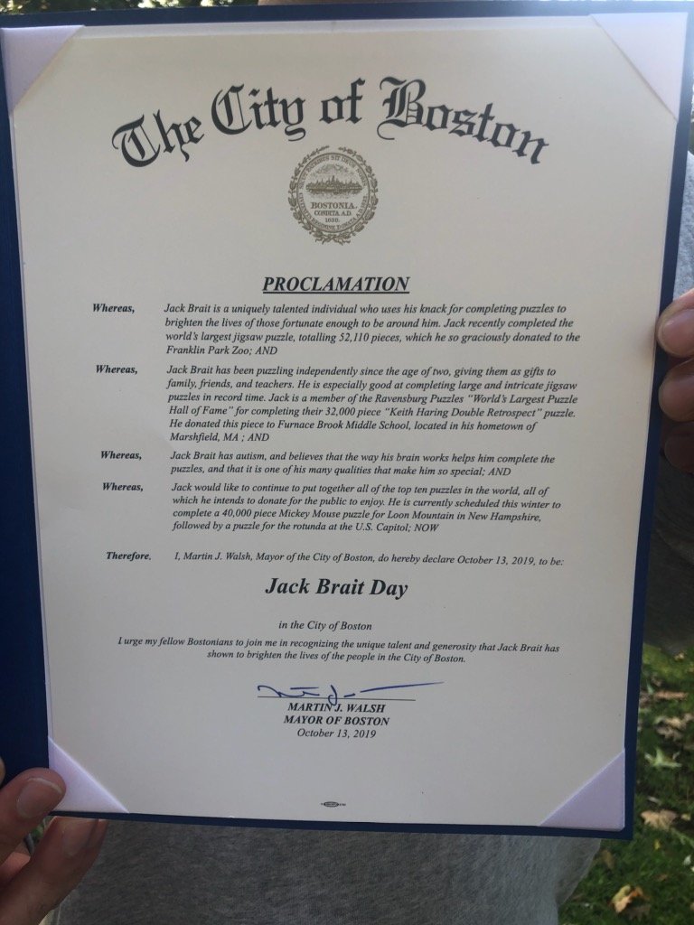 A Proclamation for Jack Brait celebrating "Jack Brait Day" in the city of Boston in 2019.