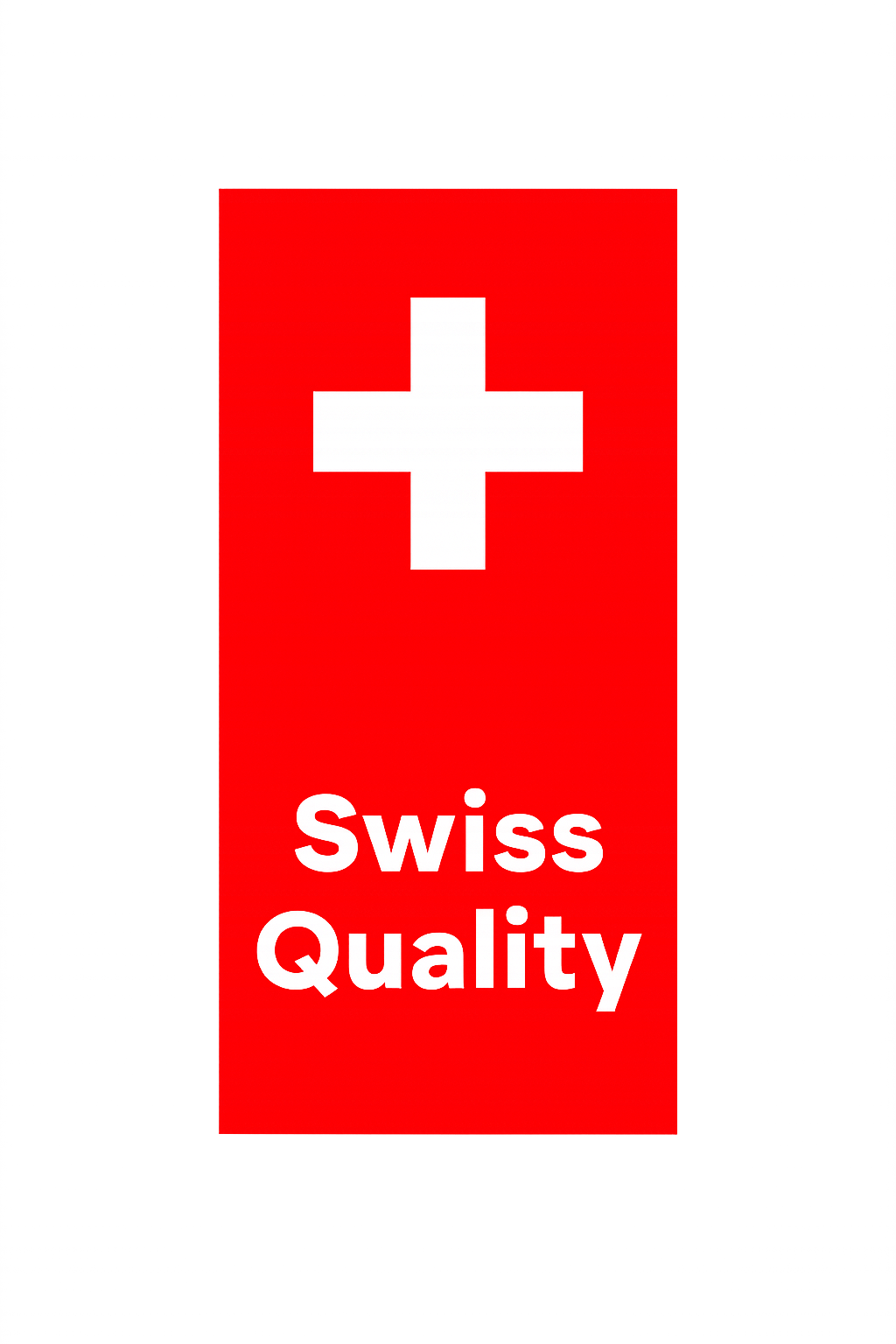 Ein rotes Schild mit weißem Kreuz und der Aufschrift 'Swiss Quality'.