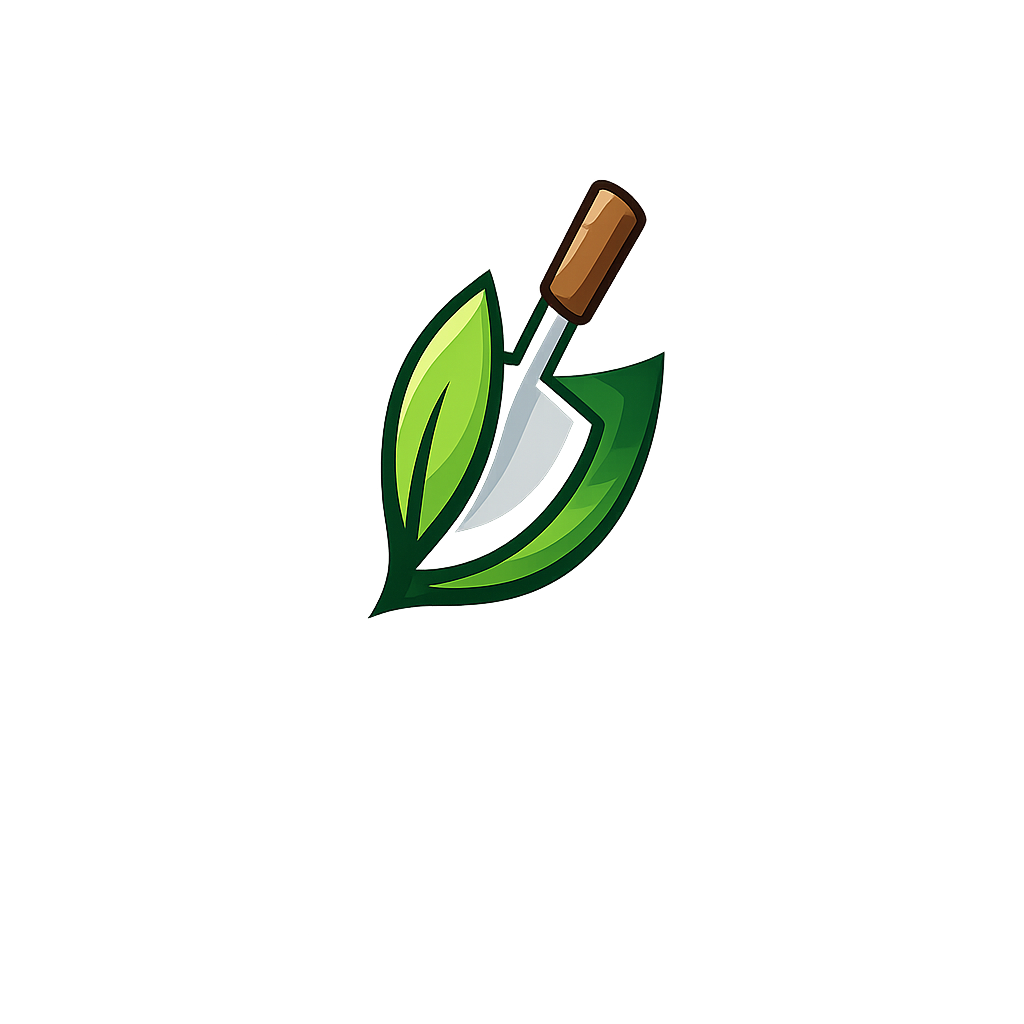 Ein grüner Gartenbaumgärtner mit einer Schaufel, die von einem großen grünen Blatt umgeben ist.