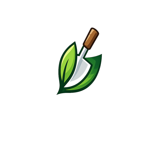 Grafik eines Zeichnungermaterials, das eine grüne Blattform, ein Messer mit braunem Griff und eine Wasserhahn-Düse zeigt.