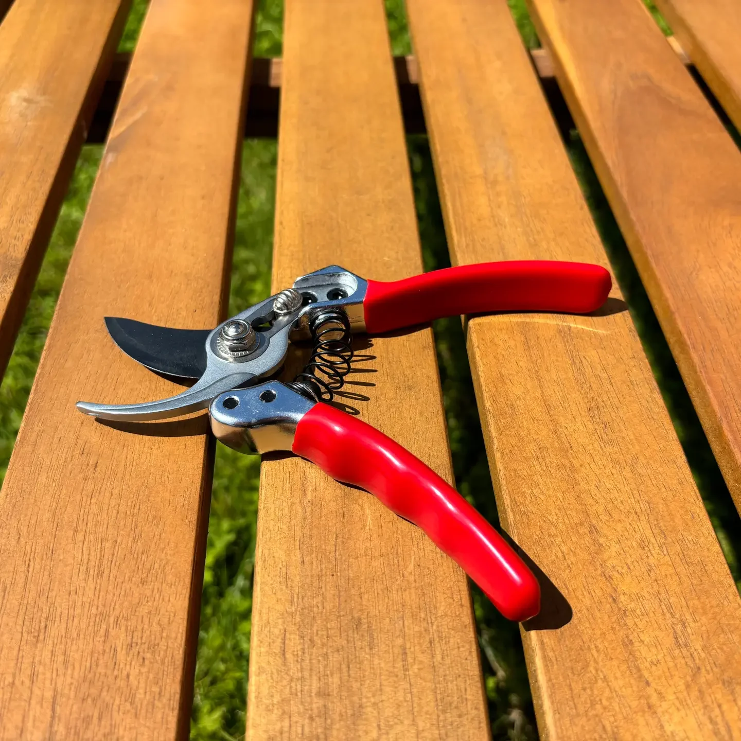 Eine Rosenschere mit roten Griffen liegt auf einem Holztisch im Freien.
