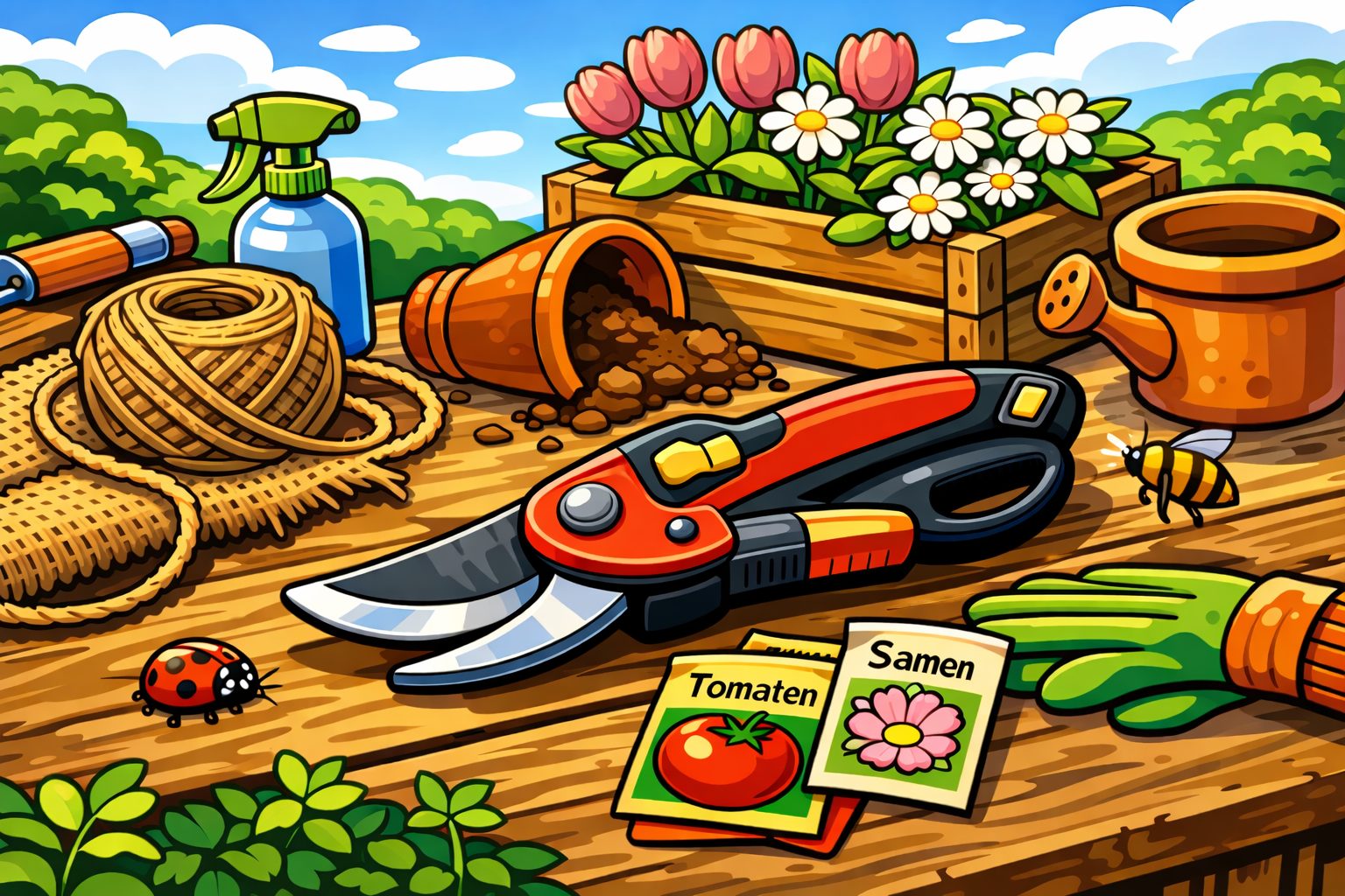 Gartengeräte und Samen auf einem Holztisch, darunter eine Gartenschere, eine Gartenhandschuh, Samen mit Tomate und Blume, eine Schaufel, eine Gießkanne, ein Blumentopf und Blumentöpfe mit Blumen, eine Wasserflasche, eine Biene, eine Marienkäfer, eine Blume, im Hintergrund ein Himmel mit Wolken und Bäumen.