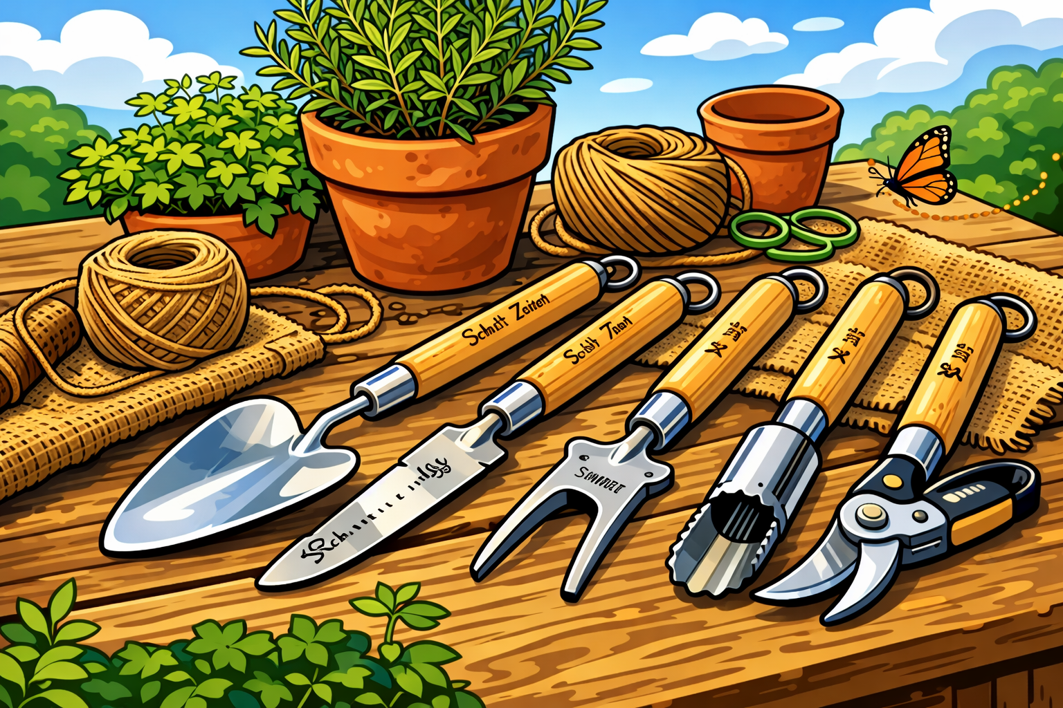 Gartengeräte und Pflanzen auf einem Holztisch, darunter Gartenwerkzeuge mit Aufschriften, Töpfe, Körner, eine kleine Säge, eine Gartenschere und eine Gartenzange, umgeben von grünem Laub und ein Schmetterling im Hintergrund.