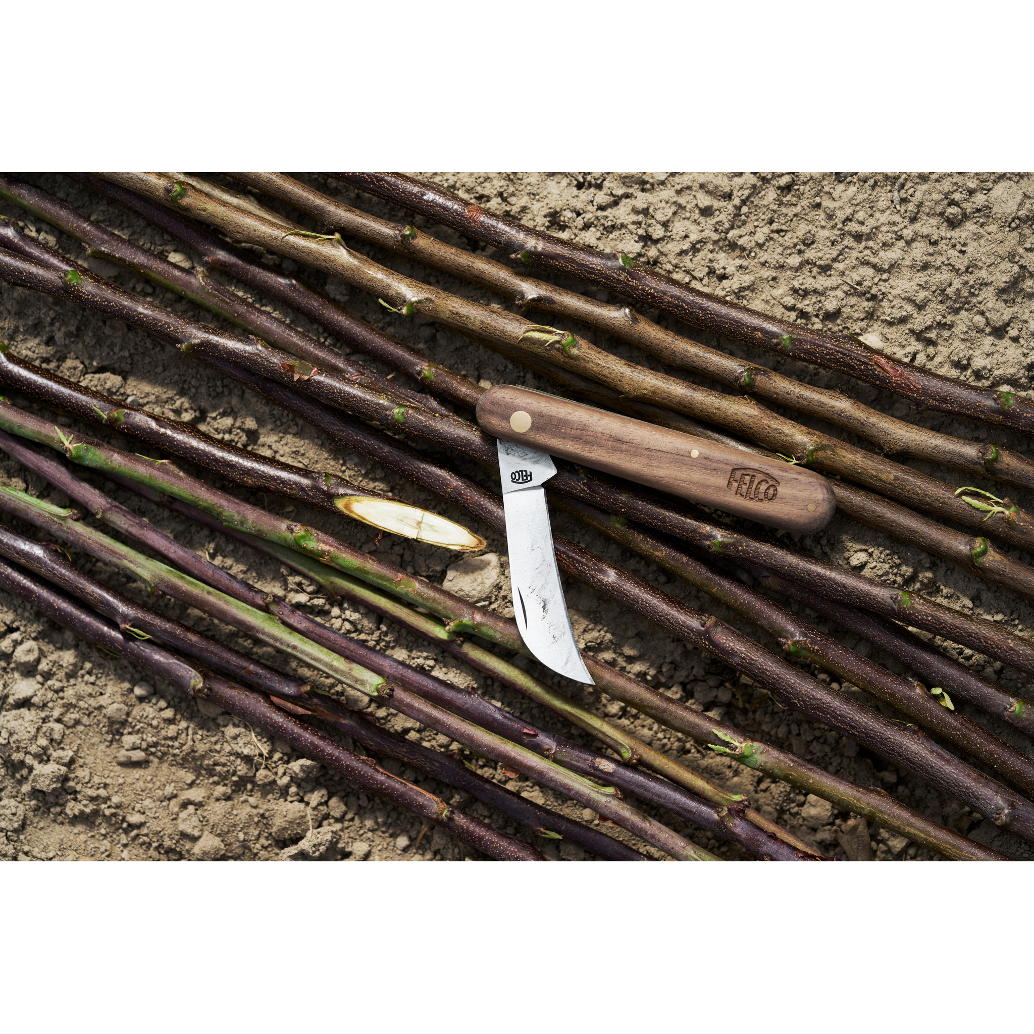 Mehrere dünne, trockene Zweige liegen auf lockerer Erde. Ein Fuchsschwanz-Messer liegt auf den Zweigen, mit Holzgriff und Metallklinge.