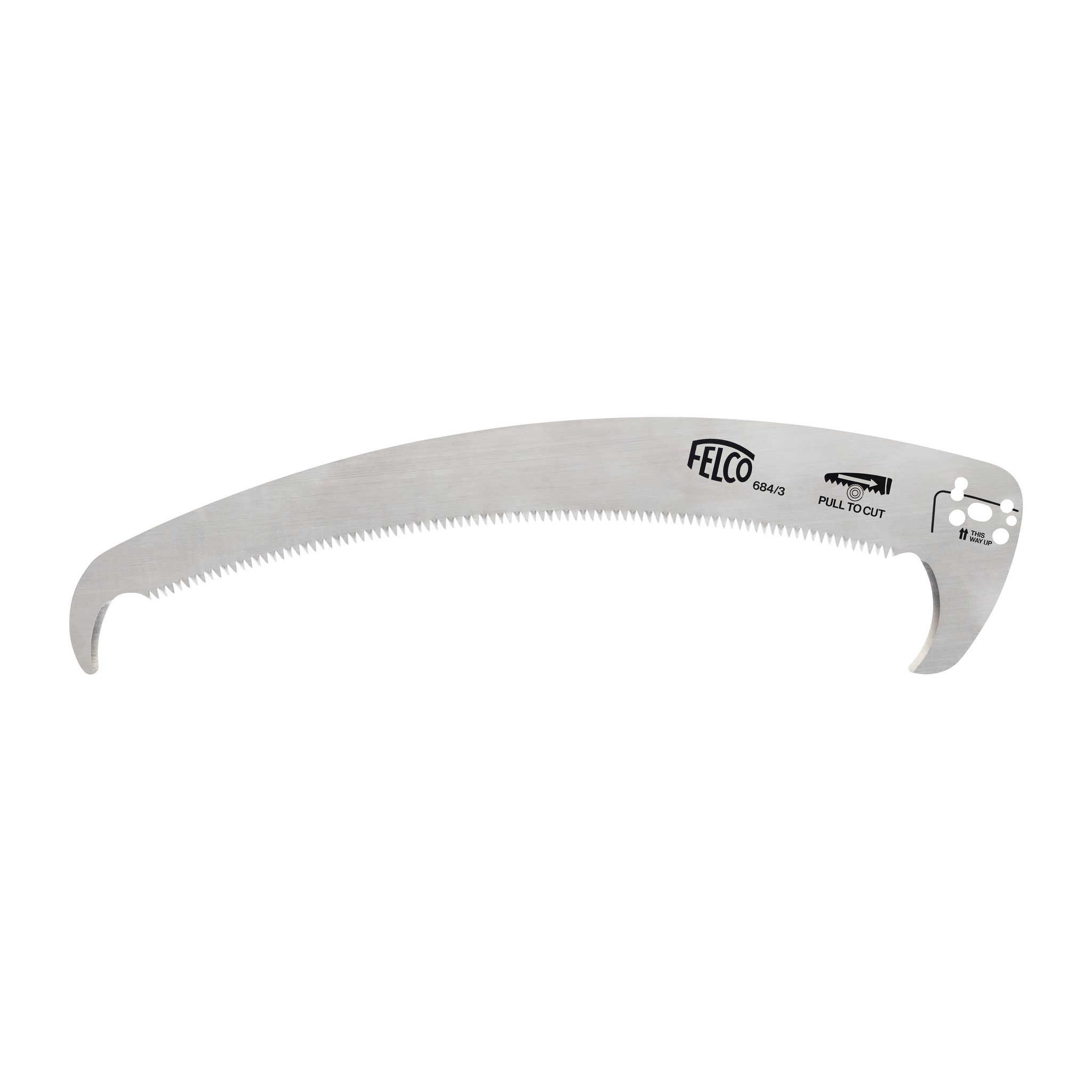 Handkreissäge mit gebogener Führungsschiene, Marke FELCO, Modell 684/3, mit Anweisungen zum Ziehen zum Schneiden und Richtungshinweis.