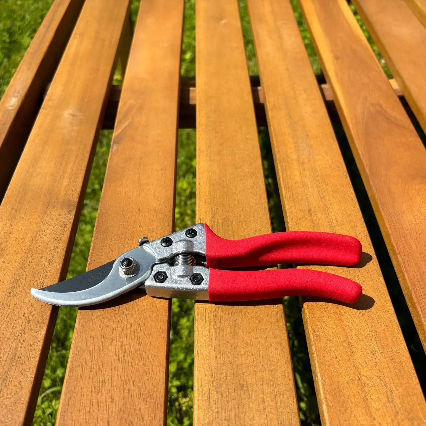 Gartenschere mit roten Griffen liegt auf einer Holzbank im Freien.