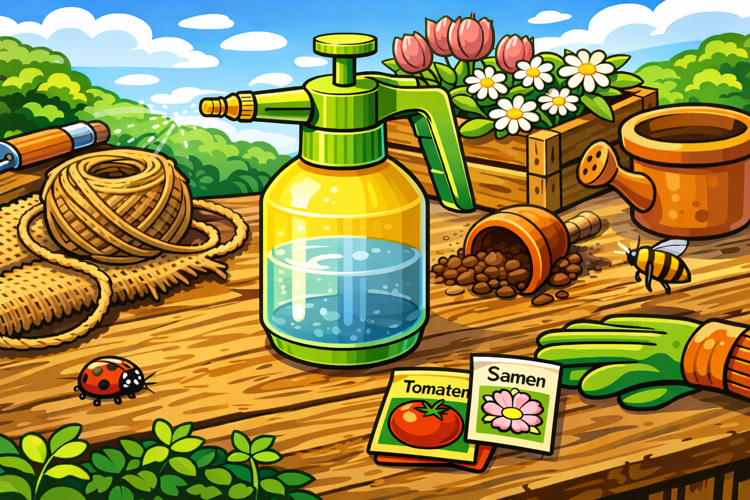 Gartengeräte und Samen auf einem Holztisch mit Blumen, Insekten und Gartengeräten im Hintergrund.