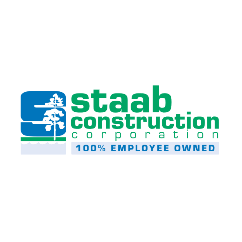 Logo for Staab Construction Corporation with a tree graphic, green and blue color scheme, and the text "100% Employee Owned."