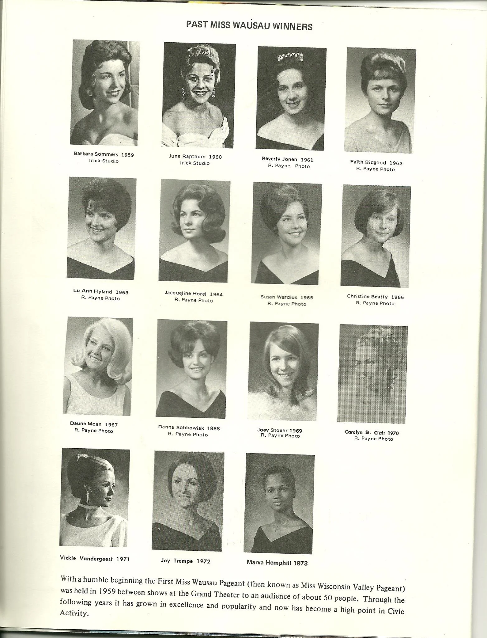 Black and white photo collage of past Miss Wausau winners from 1959 to 1973, with their names and years of winning, including portraits of young women.