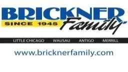Brickner Family logo with blue and yellow text, listing locations Little Chicago, Wausau, Antigo, Merrill, and website www.bricknerfamily.com.