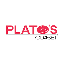 PLATO'S CLOSET logo with red and black text and a circular emblem involving a stylized letter 'P' or abstract design.