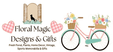 Logo for Floral Magic Designs & Gifts featuring a pink bicycle with a basket of flowers and three pink hearts, with a window showing a black cat on a windowsill, and text describing floral, home decor, vintage, sports memorabilia, and gift items.