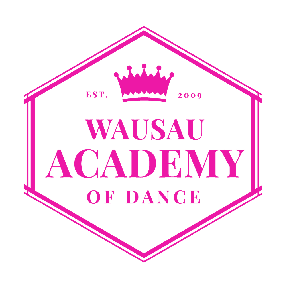 Pink logo for Wausau Academy of Dance with a crown and geometric borders, stating it was established in 2009.