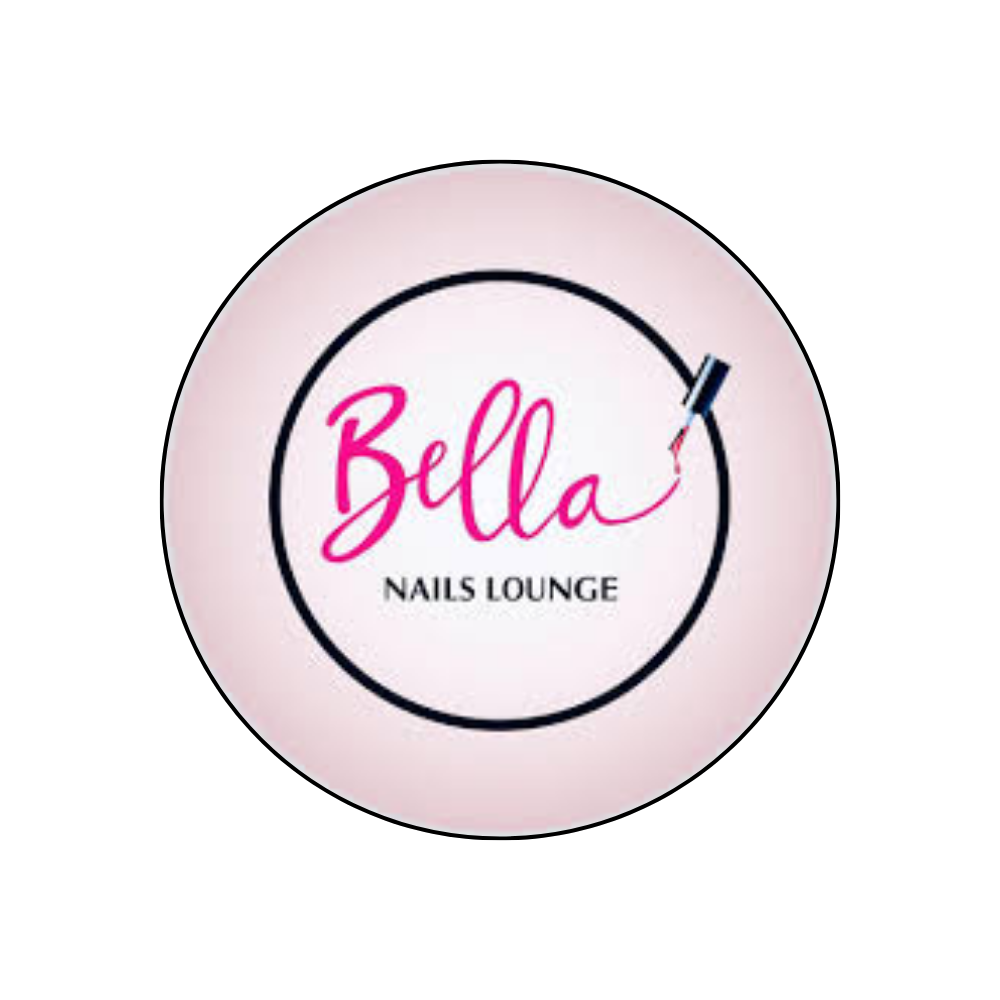 Logo for Bella Nails Lounge featuring a pink cursive 'Bella' and a nail polish brush drawing a line, with a white and pink background.