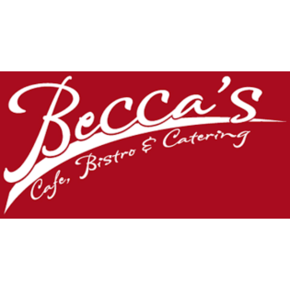 Logo for Becca's Cafe, Bistro & Catering with red background and white script text.