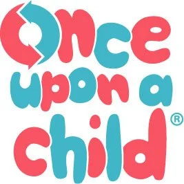 Logo with the phrase 'once upon a child' in colorful, playful letters.
