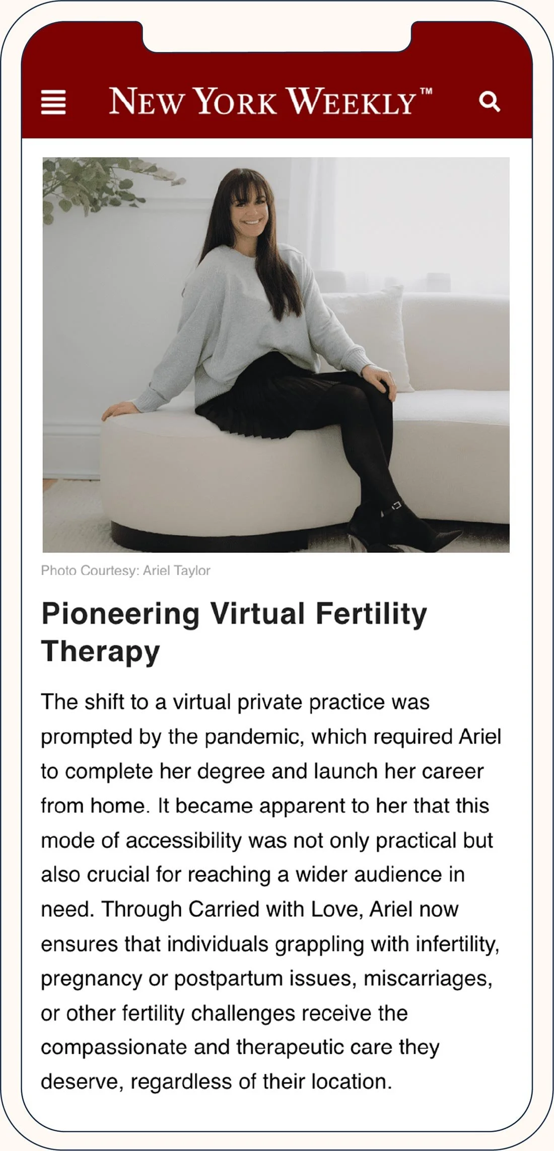 A mobile phone screen displaying a media article about virtual fertility therapy.