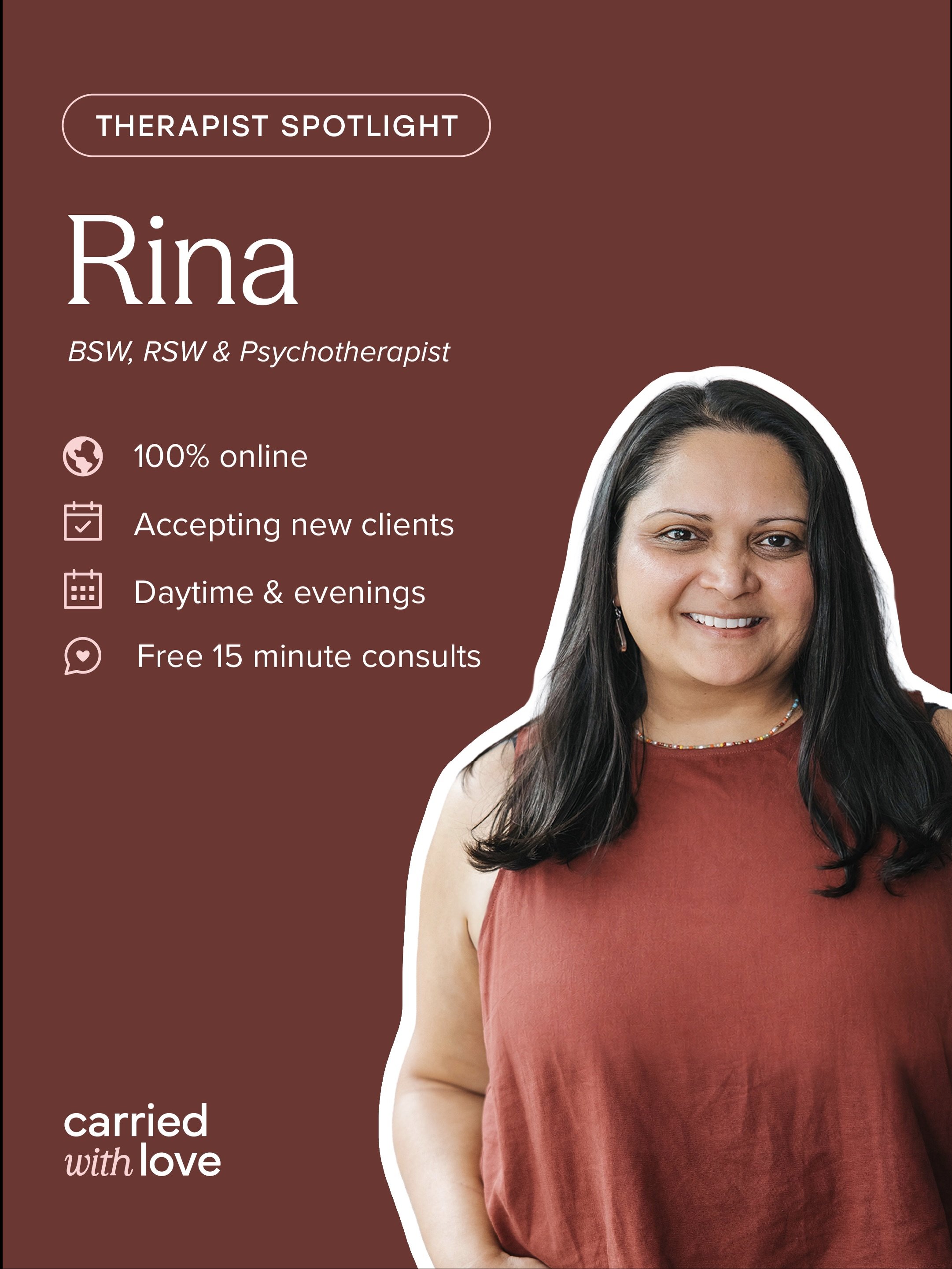 Meet Rina ⬇️

Lover of lists, calendars, and true crime documentaries, and hobby collector (currently: container veggie/herb gardening and cello, because why not?!).

She became a therapist after her own path through infertility and IVF, eventually w