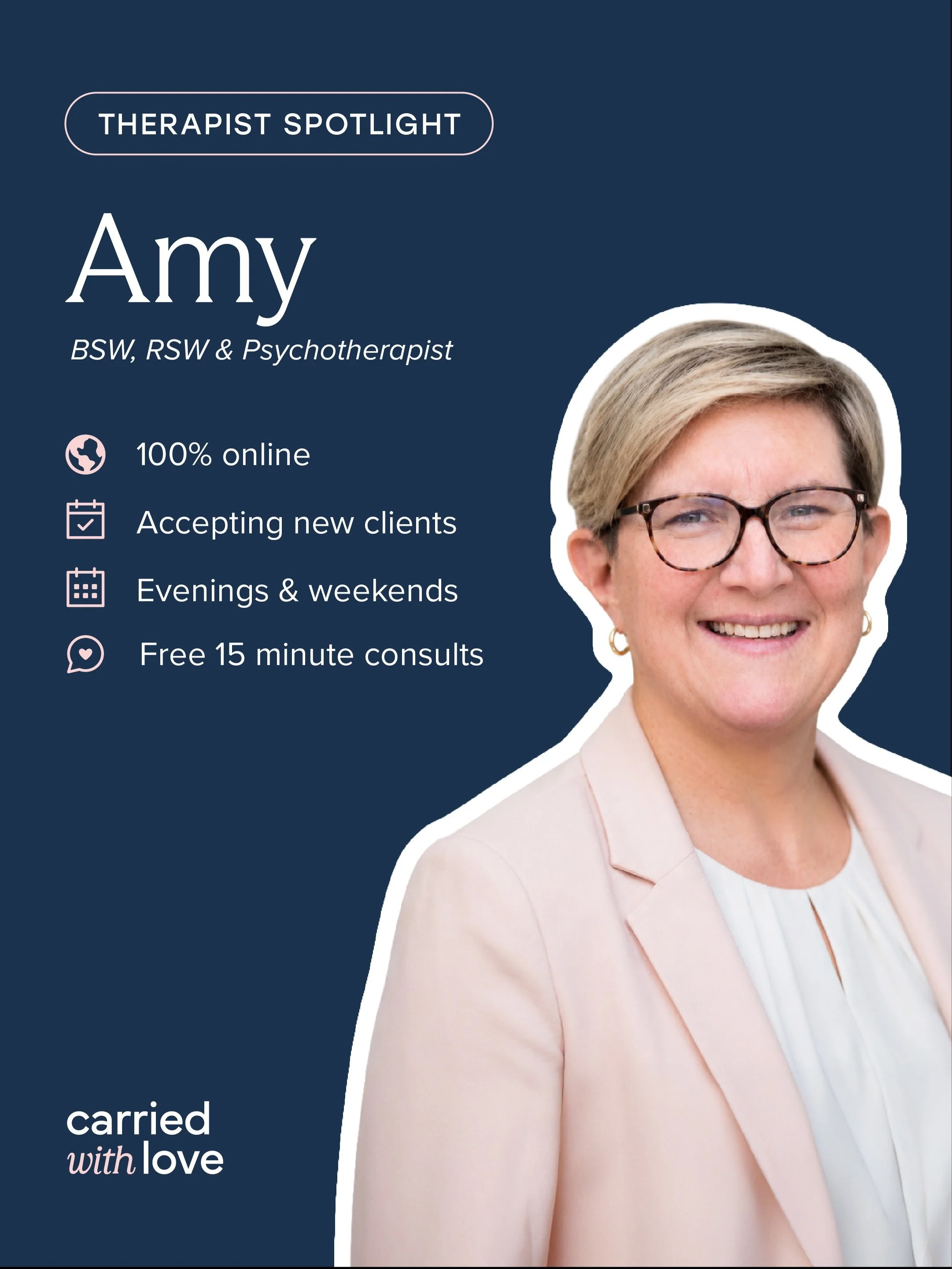 Meet Amy ⬇️

Therapist, mom to Winston the American Bulldog and Willow the Great Dane (plus a rotating crew of foster pups), and newly into finger knitting. Fun fact: she once led a robotics team to Rookie of the Year at the world championships!

Amy