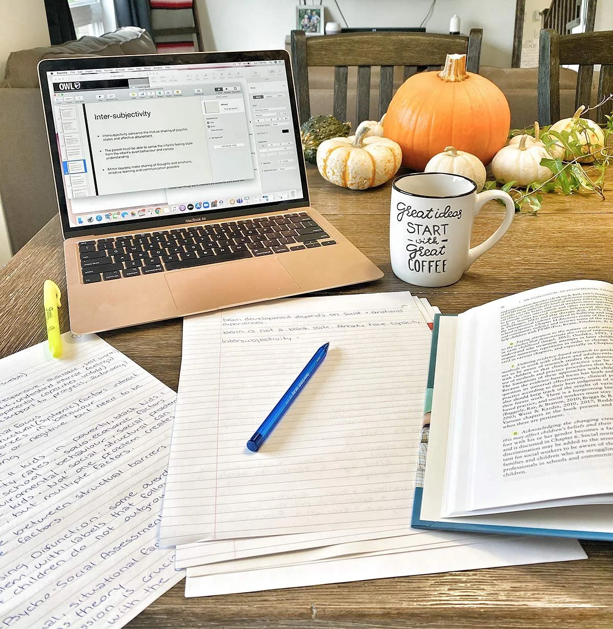 Study materials and a laptop on a table during Ariel’s social work studies.