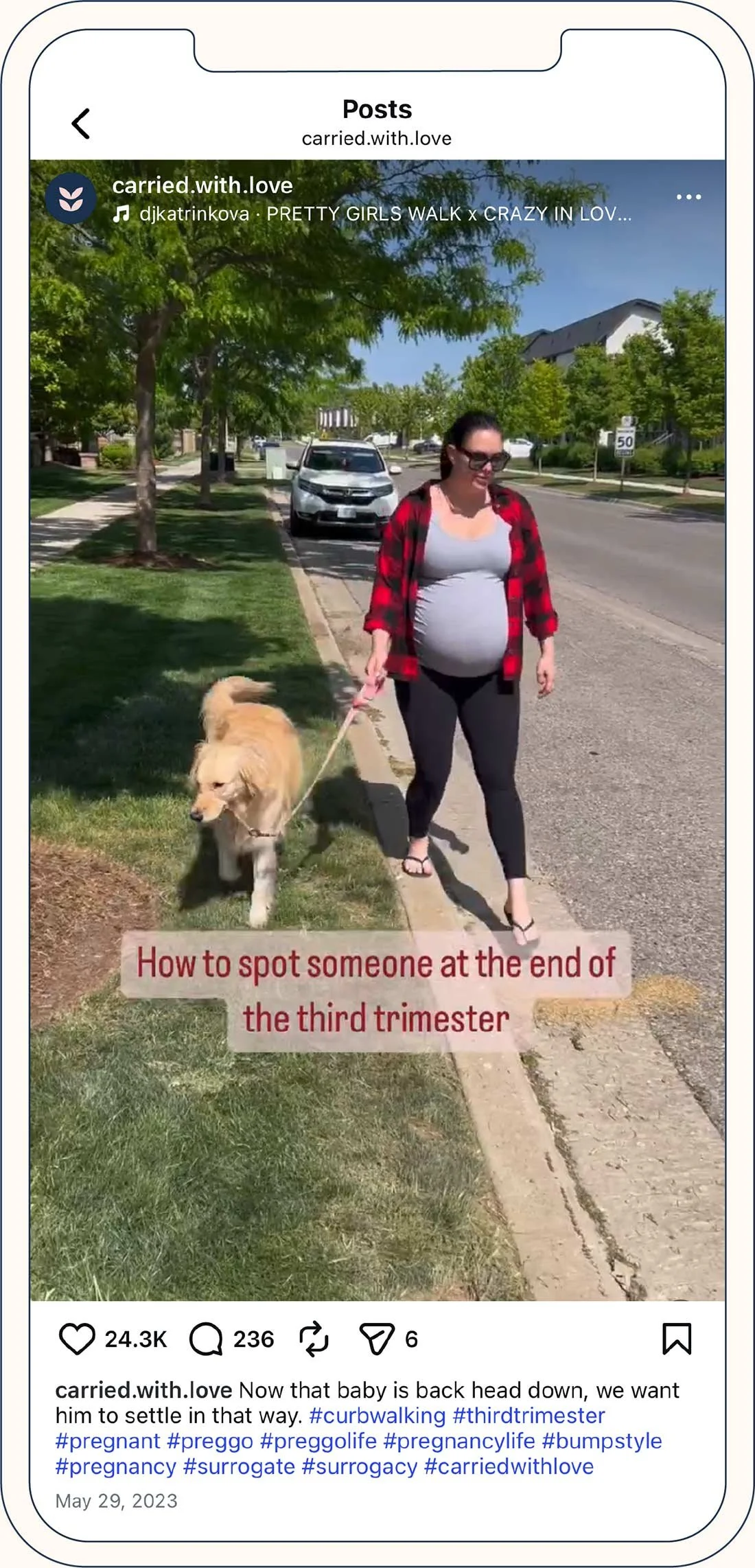A person walking outdoors while pregnant, shown in an Instagram post.