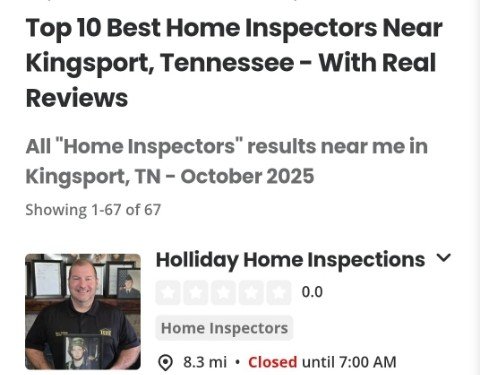 Screenshot of a webpage listing the top 10 best home inspectors near Kingsport, Tennessee, for October 2025. The page shows a review for Holliday Home Inspections, with a photo of a smiling man in a black shirt, 0.0 rating, and the status "closed unt