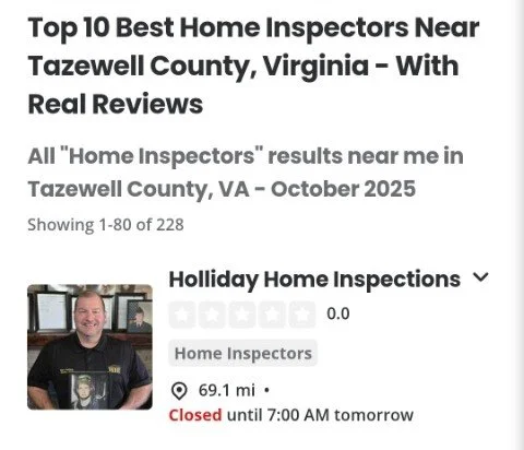 Screenshot of a search result listing for top home inspectors near Tazewell County, Virginia, including a review for Holliday Home Inspections, which is currently closed.