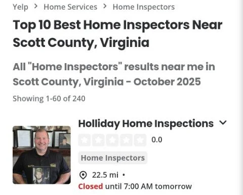 Screenshot of a listing for Holliday Home Inspections, a home inspection service in Scott County, Virginia, showing it as currently closed until 7:00 AM the next day.