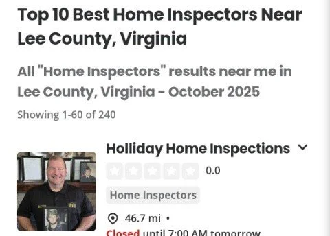 Screenshot of a list titled 'Top 10 Best Home Inspectors Near Lee County, Virginia,' showing Holliday Home Inspections with a 0.0 rating, located 46.7 miles away, closed until 7:00 AM.
