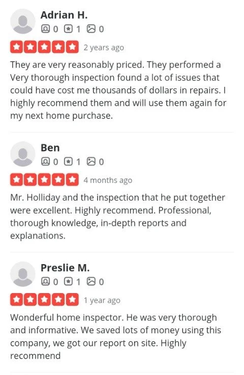 Screenshot of three customer reviews praising a home inspection service, with star ratings and comments about thoroughness and professionalism.
