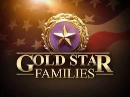 Gold star medal with purple background and American flag in the background, with text 'Gold Star Families'.