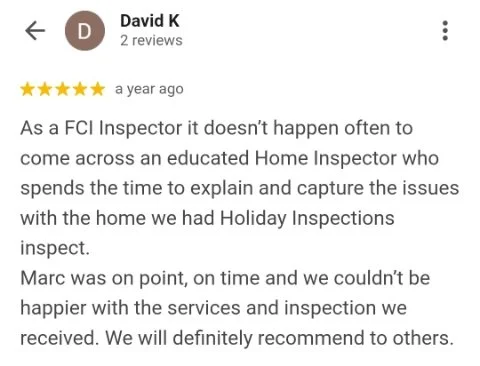 A screenshot of a one-star review from a customer named David K for a home inspection service, praising inspector Marc for being thorough and timely.
